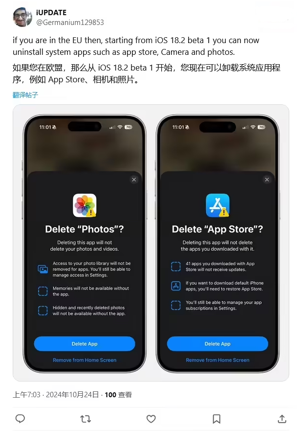 长垣苹果手机维修分享iOS 18.2 支持删除 App Store 应用商店 