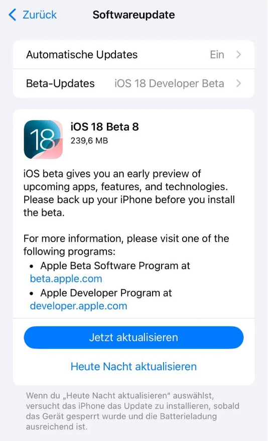 长垣苹果手机维修分享苹果 iOS / iPadOS 18 开发者预览版 Beta 8 发布 